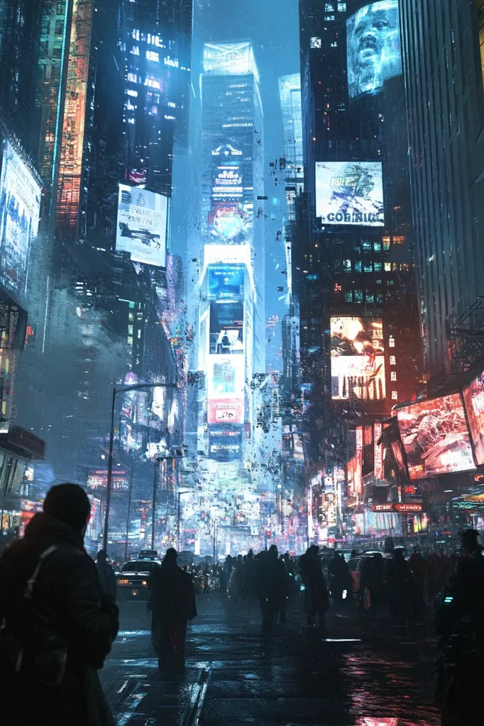 The image depicts a futuristic cityscape with towering skyscrapers and neon lights. People walk through the streets, illuminated by the vibrant glow of advertisements and screens. The buildings are covered in glowing advertisements and displays, creating a mesmerizing and overwhelming visual spectacle. The atmosphere is electric and bustling, hinting at a vibrant and technologically advanced society.
