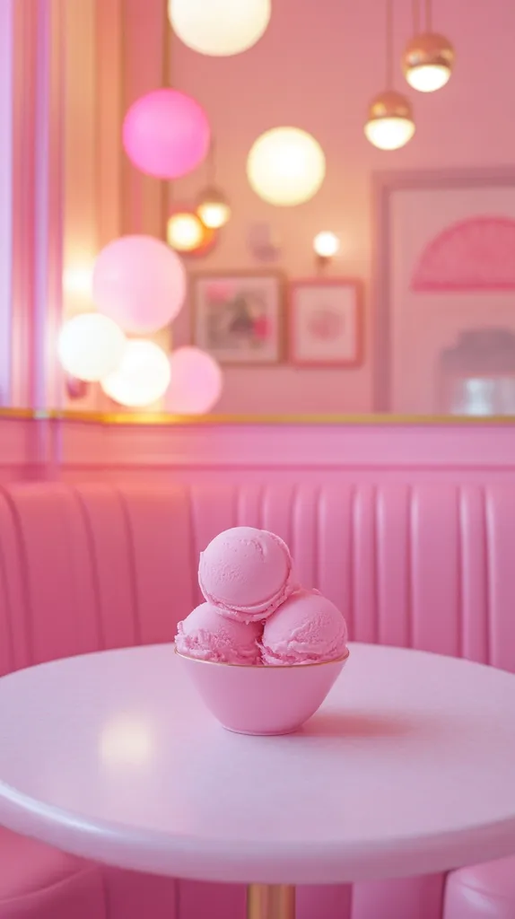 A pink and white ice cream parlor is filled with pink and white lights, and a table with three scoops of pink ice cream in a bowl sits on a booth. The entire scene is vibrant and inviting, with a playful and girly aesthetic.