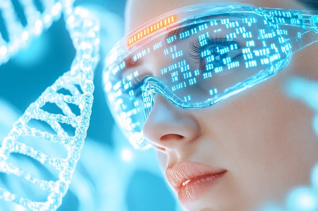 The image shows a close-up of a woman's face wearing futuristic goggles. The goggles display blue digital code, creating a sense of technological advancement. Behind her, a strand of DNA is visible, highlighting the theme of science and genetics. The image evokes a sense of mystery and the potential of future technologies.