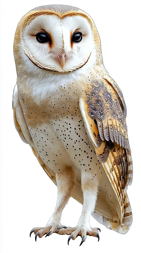 The image shows a barn owl with white and brown feathers. It has large, black eyes and a heart-shaped face. The owl's talons are sharp and its wings are folded against its body. The background is a solid white, making the owl stand out. The owl is looking directly at the viewer, creating a sense of intensity and curiosity.