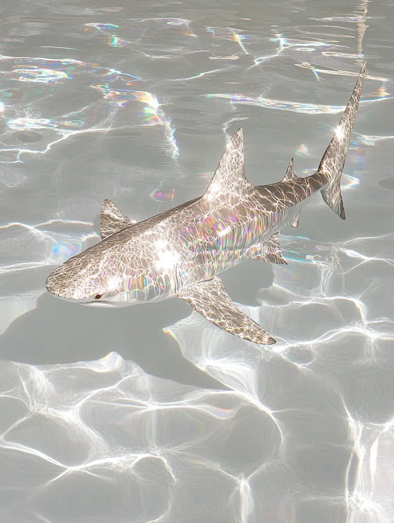 A shark swims through clear, iridescent water. The sunlight reflecting off the surface of the water creates a shimmering, ethereal effect. The shark's body is visible through the water, with its fins and tail gently moving. The image evokes a sense of tranquility and wonder, highlighting the beauty of the underwater world.