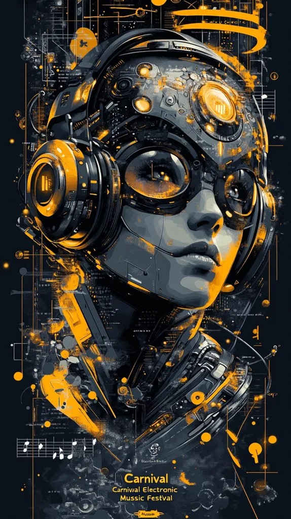 The image is a poster for a music festival called "Carnival," featuring a stylized cyborg woman wearing headphones with glowing accents, her face looking towards the right side of the image. The background is a dark gray with abstract shapes and lines in yellow and white, along with music notes. The overall design is futuristic and energetic.