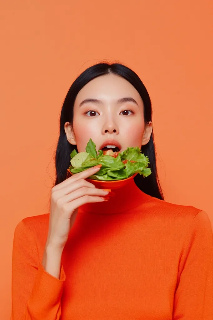 A woman with long black hair, wearing an orange turtleneck sweater, is holding a bowl of salad to her mouth. She is looking directly at the camera, and her expression is neutral. The background is a solid orange color. The image is simple and minimalist, with a focus on the woman's face and the salad.  The image is likely meant to be a portrait, or a promotional photo for a product or service related to food or healthy eating.