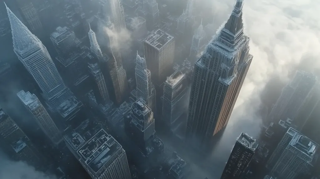 The image shows a bird's-eye view of a city skyline. Tall skyscrapers pierce the cloudy sky, creating a dramatic and imposing scene. The buildings are covered in a layer of fog, adding to the mystique and ethereal atmosphere. The city feels vast and powerful, with a sense of grandeur and urbanity. The composition emphasizes the height and density of the buildings, creating a sense of awe and wonder. The overall tone of the image is mysterious and slightly melancholic, inviting contemplation about the power and scale of human civilization.