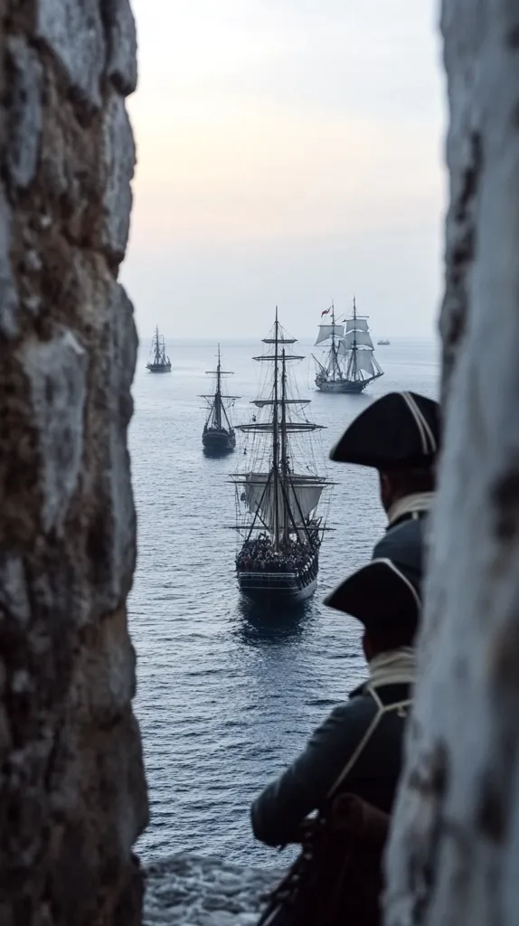 The image shows a view from a stone wall overlooking the ocean.  Four tall ships sail away from the viewer, their white sails billowing in the wind.  Two figures in period dress stand in the foreground, watching the ships sail away.  The scene is reminiscent of a historical seafaring event. The rough texture of the stone wall, the blue water and the majestic ships, create a picturesque image. The figures in the foreground add a sense of scale and a human touch to the composition.