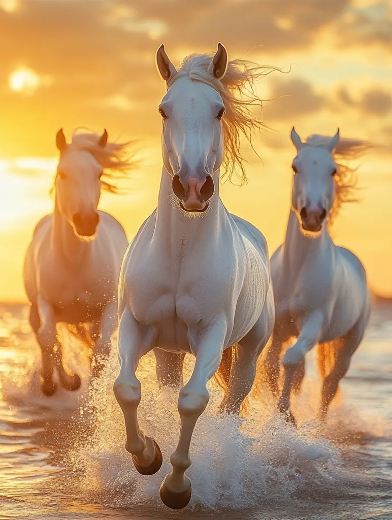 Three white horses gallop through shallow water, their manes flowing in the wind. The lead horse is in focus, its powerful legs propelling it forward. The setting sun casts a warm glow on the scene, creating a sense of freedom and wild beauty.  The water splashes around their legs, creating a dynamic and energetic image.