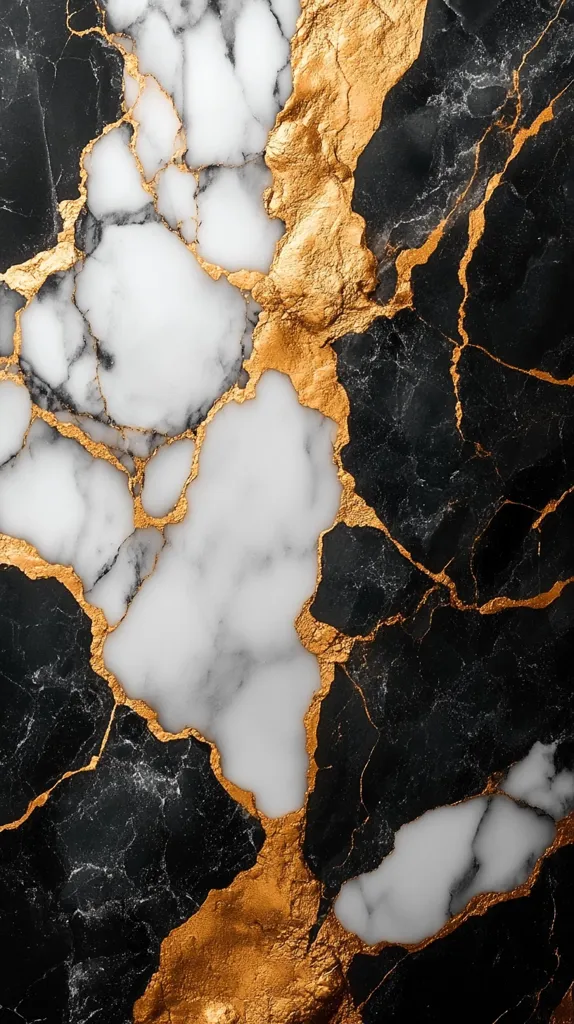The image shows a close-up of a marble surface with a striking contrast of black and white. The white marble is veined with grey and interspersed with areas of a rich, golden hue. The black marble, also veined with gold, creates a dramatic background for the white, highlighting the intricate patterns and textures of both surfaces. The image evokes a sense of luxury and elegance.