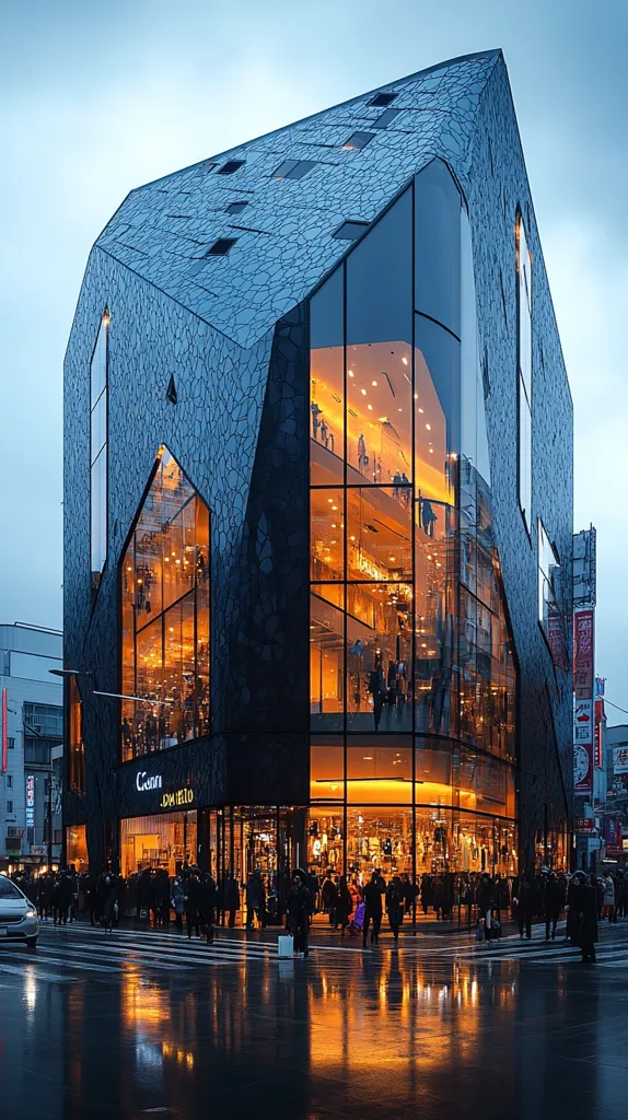 A modern, angular building with a dark exterior and large windows reflecting the warm glow of interior lights. People walk on a wet street in front of the building, creating a reflection of the building in the puddles. The building is a striking contrast to the grey sky and the soft, evening light. The architectural style is modern and futuristic, with a focus on geometric shapes and sharp angles.  The building seems to be a retail store, with a prominent sign indicating "Cosmopolitan."  The overall atmosphere is calm and inviting, with a hint of elegance.
