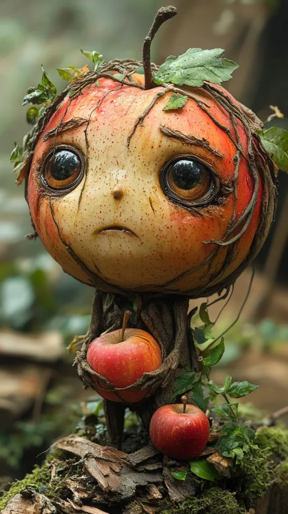 A whimsical creature, formed from an apple with vines and leaves growing from its head and body, looks sadly at the viewer. The creature holds a red apple in one hand and another sits on a mossy tree stump at its feet. The creature appears to be made of wood and bark, with a soft, textured face.