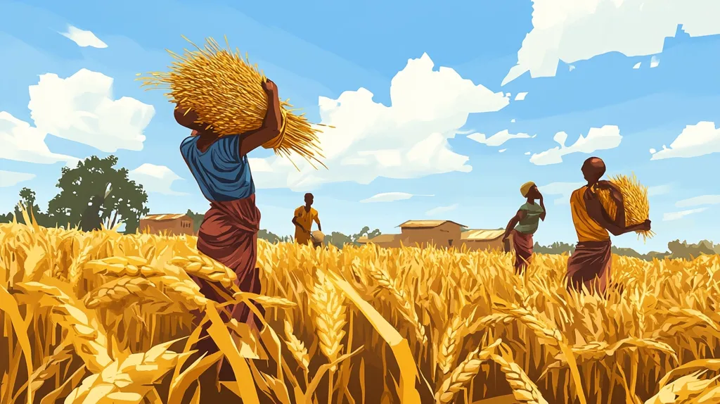 A vibrant illustration depicts four figures working in a vast field of golden wheat, under a clear blue sky with fluffy white clouds. The figures are dressed in colorful clothing, with one carrying a bundle of wheat on their head. The scene exudes a sense of rural life, hard work, and the bounty of a plentiful harvest.