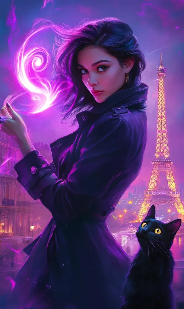 A woman in a purple coat stands with a black cat at her side. She is holding a purple orb in her hand and is looking off into the distance, with the Eiffel Tower in the background. The image is bathed in a purple glow, with a sense of mystery and magic. The scene is likely set at night, with the city lights twinkling in the distance.
