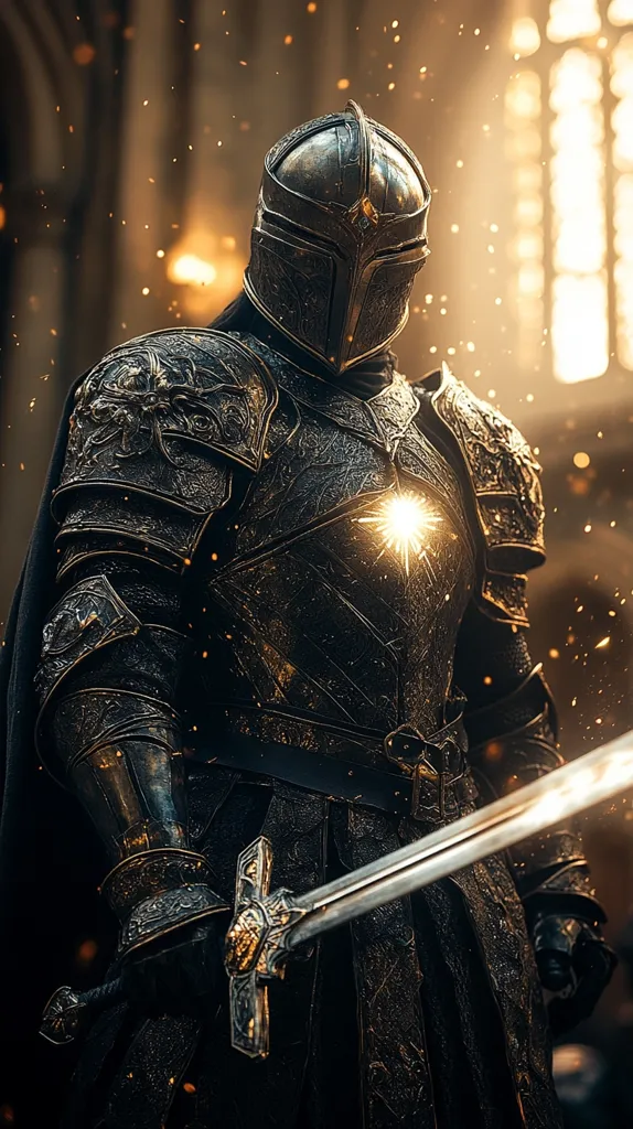 A knight in full plate armor stands in a dimly lit space, sunlight streaming through a window behind him. He holds a long, ornate sword. His armor is intricately engraved with decorative patterns and shines with a golden luster, reflecting the light. His helmet is lowered, concealing his face.  The scene evokes a sense of both power and mystery.