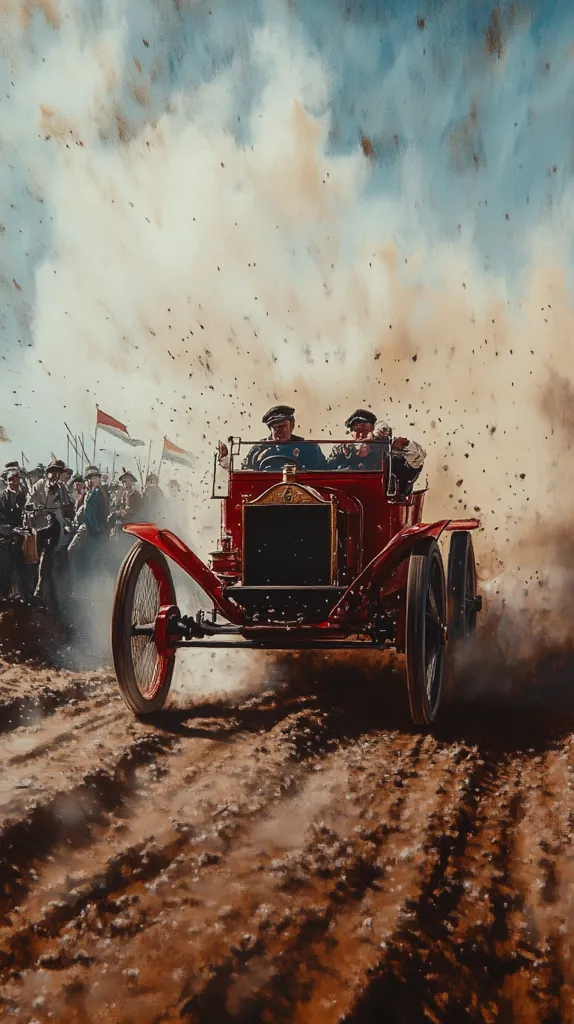 A vintage red car speeds through a dirt road, kicking up dust and debris. Two men are seated in the front, driving with determination. The car is surrounded by a cloud of dust and a group of people watch in the distance. The scene is captured in a stylized, almost theatrical way, with dramatic lighting and exaggerated motion. The overall atmosphere is one of excitement and adventure.