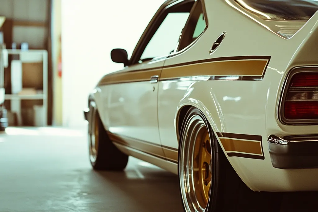 A classic white coupe with gold racing stripes is parked in a garage, its rear wheel and fender prominently featured. The car's sleek lines and polished paint job are emphasized by the soft, natural light coming through the garage door.  The focus on the rear end suggests a powerful and nostalgic image.