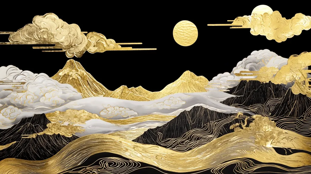 The image depicts a stylized, abstract landscape with a focus on gold and black tones. It appears to be a mountainous region, with peaks and valleys adorned in intricate gold patterns. The scene is further accentuated by swirling clouds and a full moon, both rendered in gold.  The overall impression is of a serene and sophisticated landscape, possibly inspired by Japanese art.
