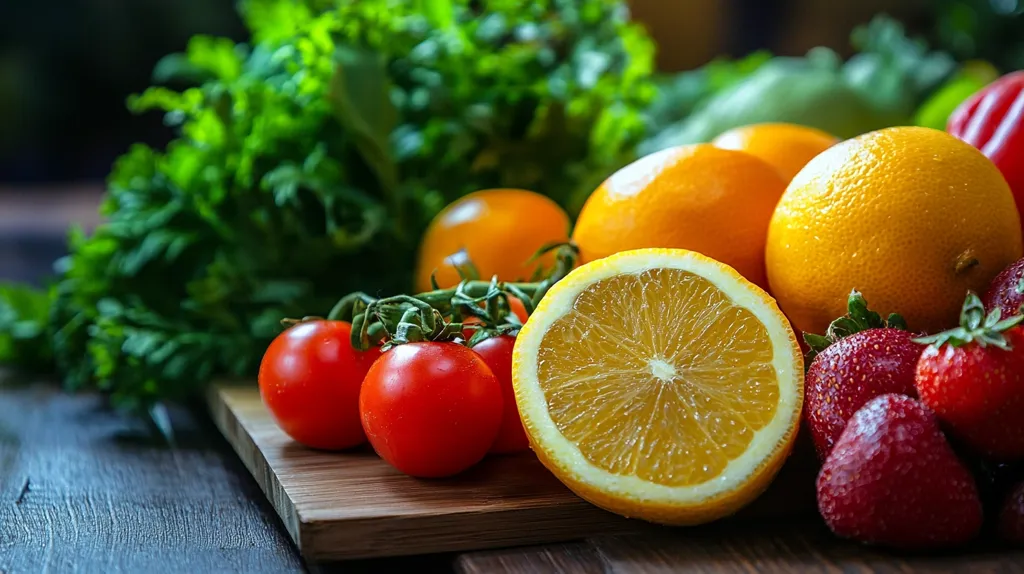 A table is set with fresh produce including bright orange oranges, red tomatoes, and strawberries, all nestled in vibrant green parsley. The natural light shines on the fruit, highlighting their vibrant colors. The scene evokes a sense of freshness and healthy eating.