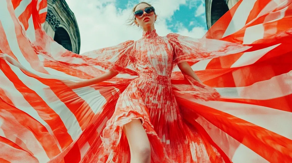A woman in a red and white striped dress with a ruffled hem and sunglasses stands in front of a stone building. She is holding the fabric of her dress out to the sides, creating a flowing effect. The dress is a mix of red and white stripes, and it appears to be a light, flowing fabric. The woman is looking forward with a confident expression. The background is a slightly blurred view of a stone building. The sky is a bright blue, with some white clouds in the background.