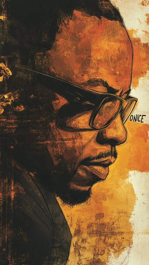 The image depicts a man's face, in profile, drawn in a rough, brushstroke style. He wears dark-rimmed glasses and has a short beard. The background is a warm orange and yellow, reminiscent of sunset hues. The overall effect is one of thoughtfulness and contemplation, heightened by the rough, textured art style.