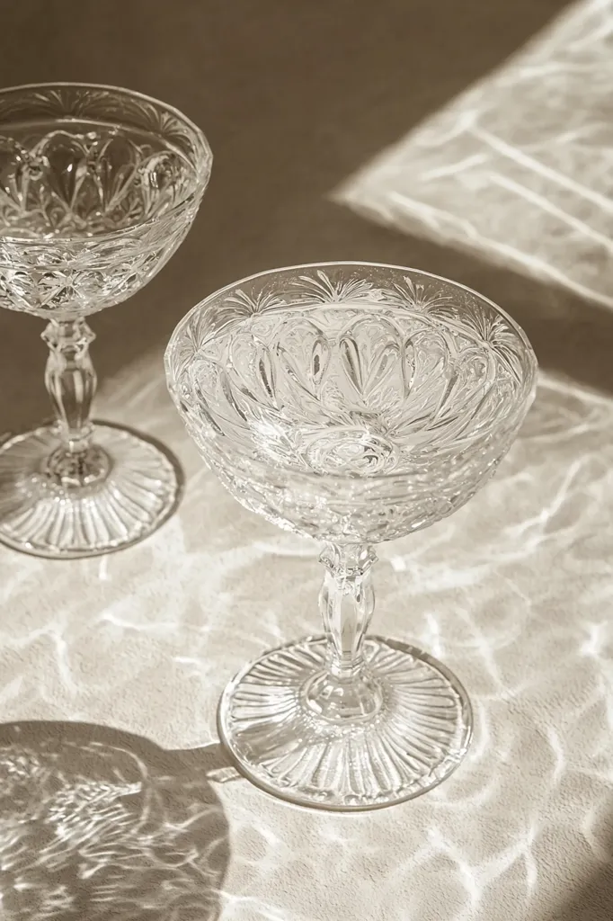Two elegant, crystal champagne coupes with intricate, ornate designs sit on a light-toned surface. The glasses cast delicate shadows, creating a soft and ethereal ambiance. The scene evokes a sense of sophistication and celebration.