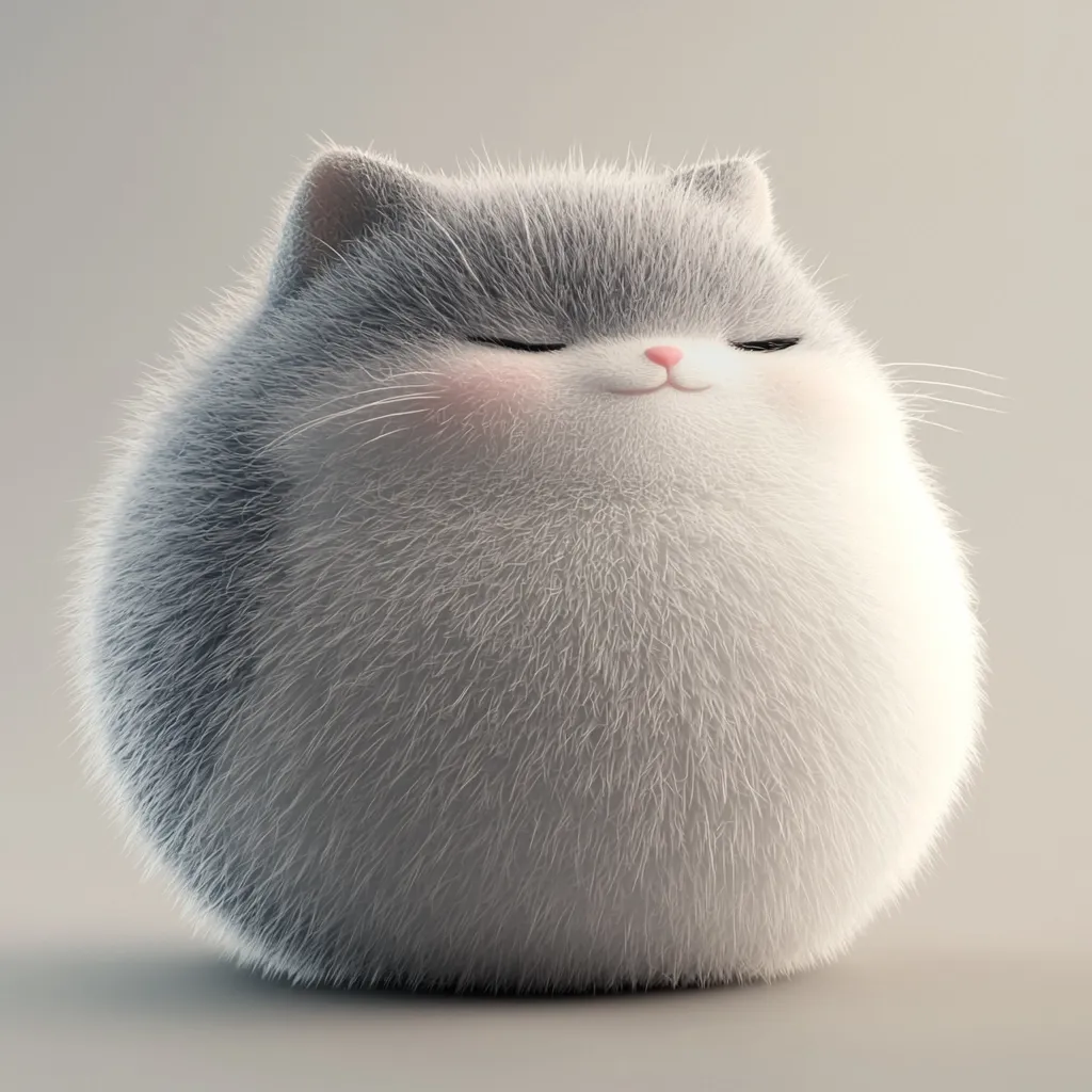 A fluffy, round cat with grey fur and a white belly is depicted in the image. Its eyes are closed, and its mouth is slightly open, suggesting it is sleeping peacefully. The cat's soft fur is highlighted by the light, creating a sense of warmth and comfort.  The cat's round shape and relaxed posture convey a sense of contentment and tranquility.