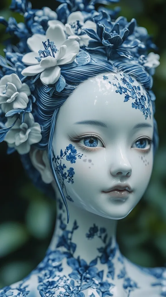 A close-up of a blue-and-white porcelain figure with soft flowers on the head and a white background, this detailed portrait depicts a beautiful and elegant Asian woman with soft floral elements, large eyes, beautiful picture, surreal appearance, standing in the woods, shot in the style of Canon EOS R6 Mark II mirrorless, Clean background emphasizes subject and costume, dark fog, ethereal, melancholic, realistic, high quality photos, Wong Kar-wai style, Chinese horror style, close-up face, smile --ar 9:16 --v 6.1