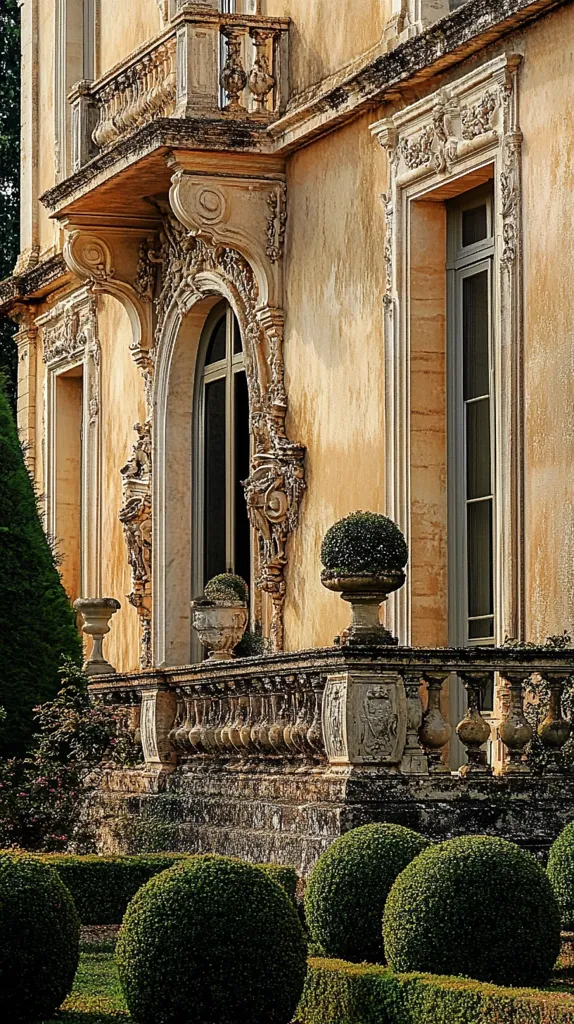 The image shows a close-up of a grand old building with intricate carvings and a balcony. The building is a pale yellow color, and the carvings are in a light stone. There are large windows with ornate frames and a  lush green hedge with topiary bushes in front. The image suggests a sense of history and elegance.