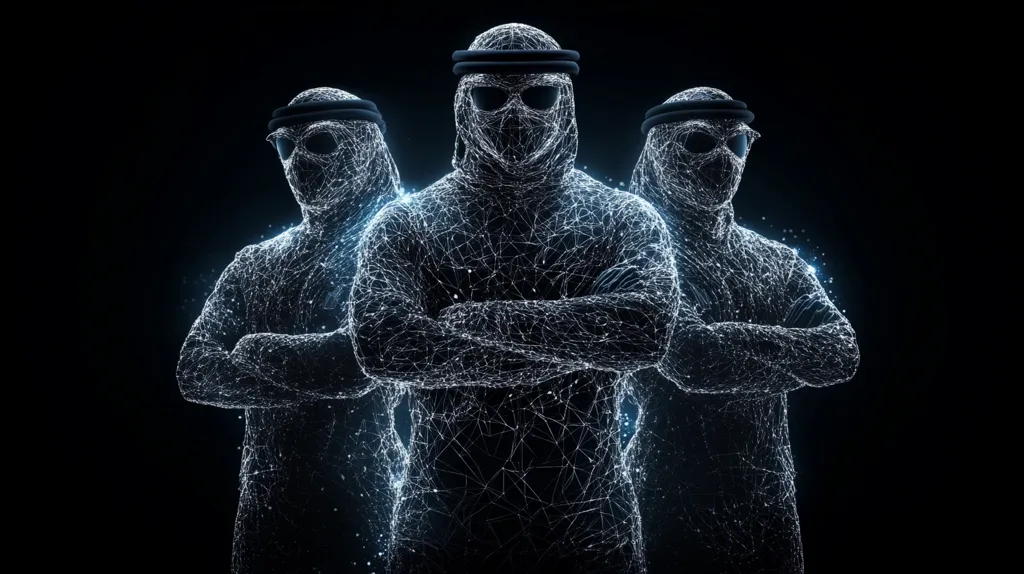 Three men, wearing traditional Middle Eastern clothing, are depicted as glowing figures made of connected lines and dots against a dark background. Their arms are crossed over their chests, giving the impression of strength and unity. The men are obscured by the intricate web of light, adding a sense of mystery and intrigue.  The overall effect is ethereal and symbolic, suggesting a connection to tradition, faith, and a collective identity.