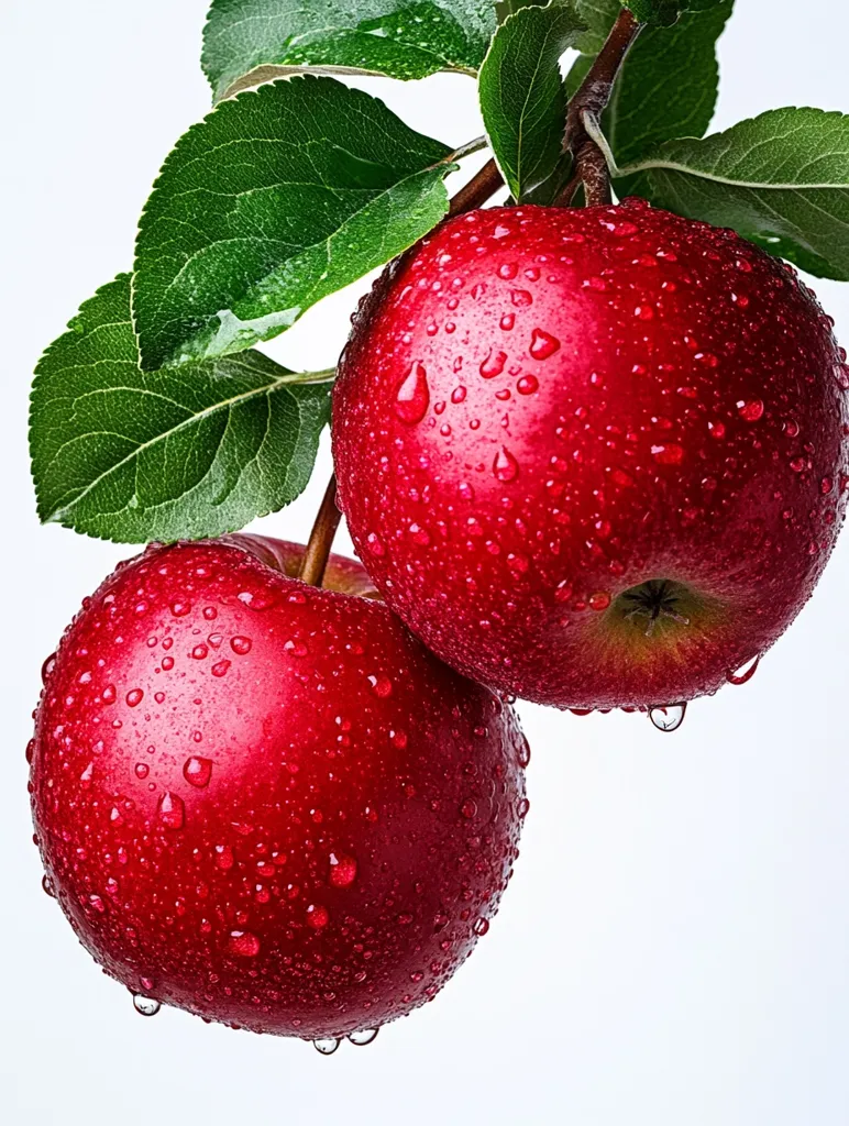 Two ripe red apples, covered in water droplets, hang from a green leafy branch.  The apples are positioned against a white background, creating a striking contrast.  The image evokes a sense of freshness and vibrancy.  The water droplets suggest the apples have recently been washed, adding to their appeal.