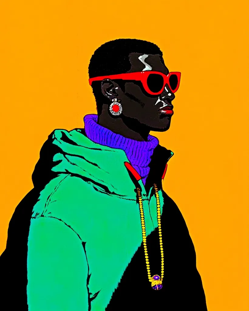 The image features a stylishly dressed man with dark skin and short black hair. He is wearing a green jacket, a purple turtleneck, a gold chain with a purple pendant, and red sunglasses. He has a red earring with a floral design. The background is a bright yellow color. The man has a cool and confident expression on his face. The illustration is bold and graphic, featuring vibrant colors and clean lines.  The image embodies a sense of urban style and individuality.
