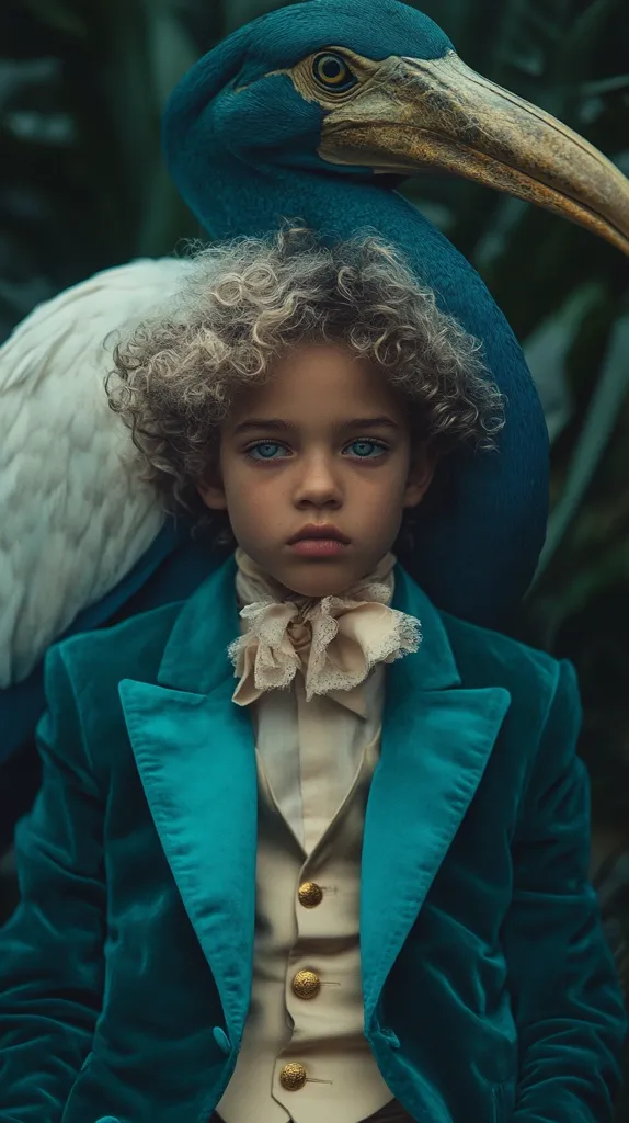 A young boy with curly blonde hair and piercing blue eyes is sitting in front of a large blue bird. The bird's long beak extends toward the right side of the frame. The boy wears a teal velvet jacket over a white shirt and tan vest, with gold buttons and a lace bowtie. The background is blurred, but we can see green foliage. The overall mood is mysterious and captivating.
