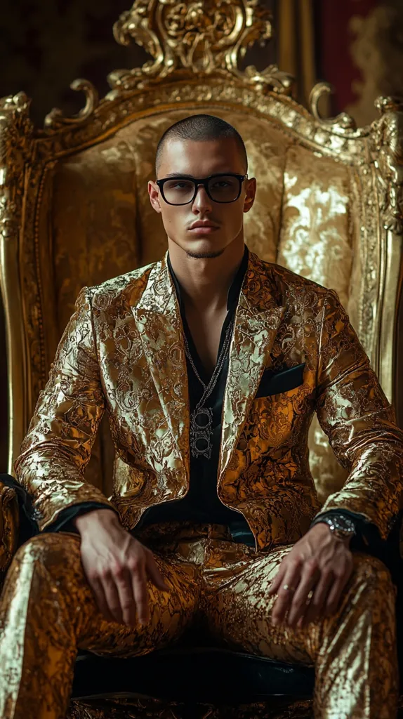 A man in a gold brocade suit and black glasses sits on a golden throne. The throne is ornately carved with intricate details. The man's serious expression and regal attire create a sense of power and confidence. The image evokes a feeling of wealth, luxury, and authority.