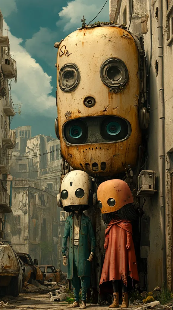 The image depicts a post-apocalyptic scene with a giant, rusty robot head towering over two smaller figures. The figures are wearing helmets and long coats, suggesting they are in a hostile environment. The scene is set in a dilapidated city with rubble and abandoned vehicles, hinting at a past catastrophe. The overall mood is one of loneliness and uncertainty, with the figures standing amidst the ruins of a once-thriving civilization.
