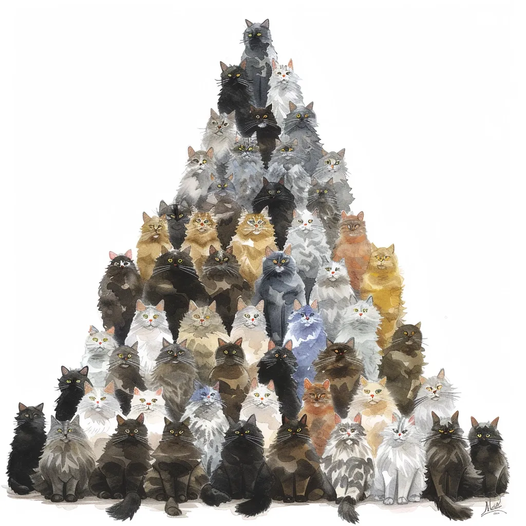 A watercolor painting depicts a triangular formation of cats of various colors and patterns. The cats are arranged in a pyramid shape, with the largest cat at the top and the smallest cats at the bottom. The cats are all looking directly at the viewer, and their fur is depicted in great detail. The background is white.  The image is whimsical and playful.