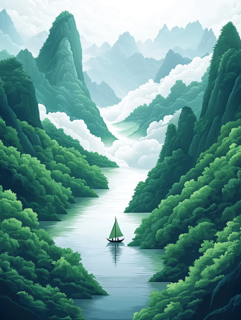 A single sailboat navigates a narrow river winding through a verdant valley. The river is flanked by lush green mountains, their peaks shrouded in soft white clouds. The scene is serene and tranquil, with a sense of peace and solitude. The vibrant greens of the foliage contrast with the blue-grey of the sky and water, creating a visually stunning landscape.