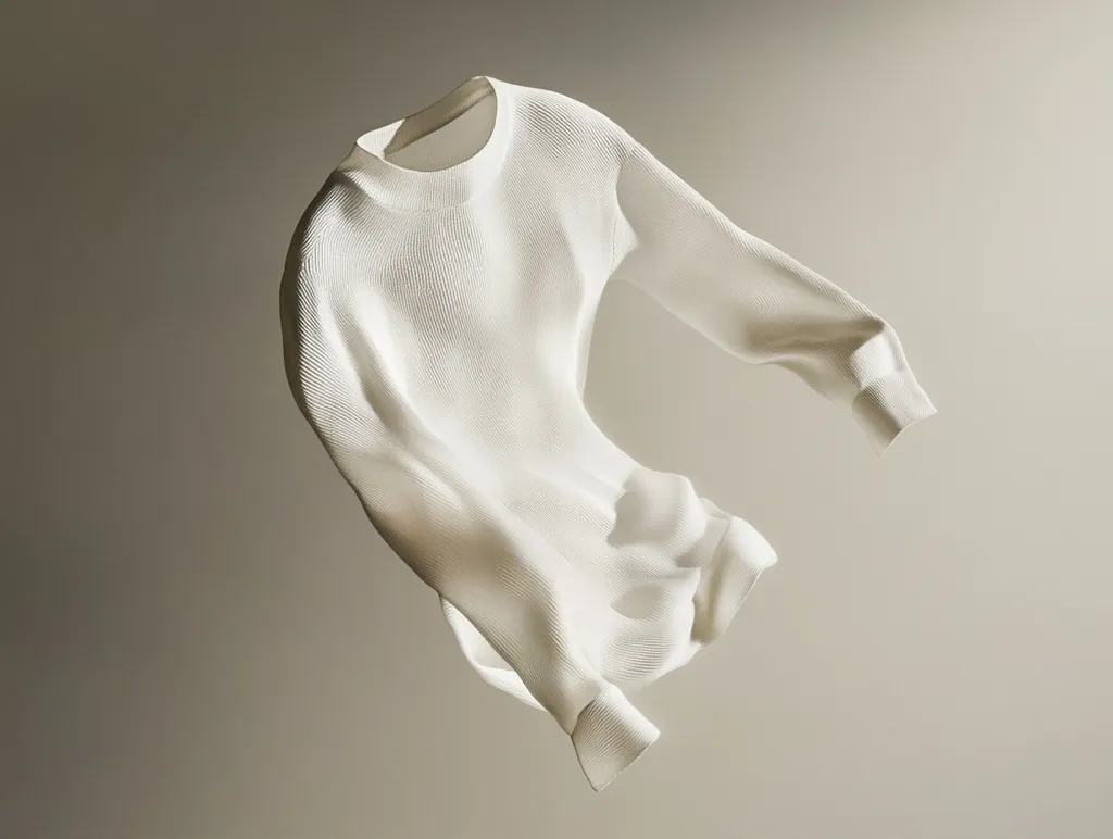 A white, long-sleeved sweater is suspended in mid-air against a light beige background. The sweater is made of a ribbed fabric and appears to be made of a soft, draping material. The light catches the fabric, creating subtle shadows and highlighting its texture. The image captures the fluidity and movement of the sweater, creating a sense of lightness and elegance.