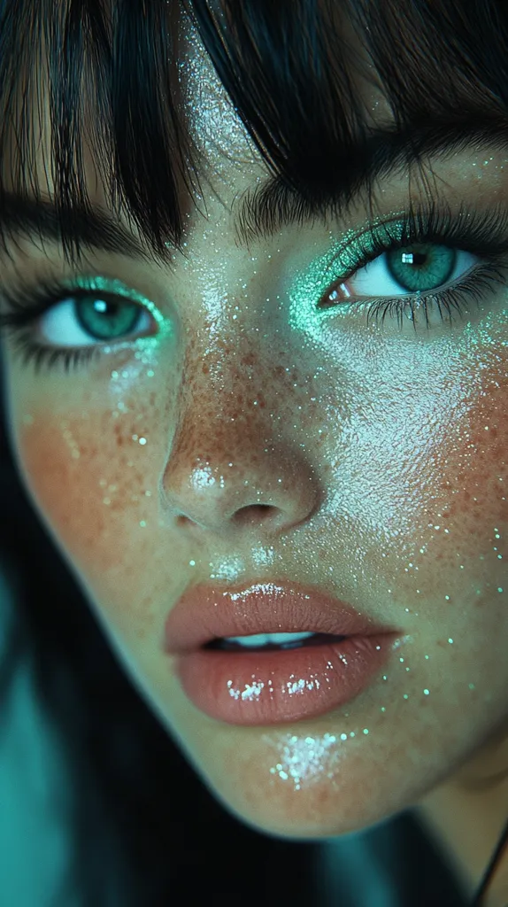 A close-up portrait of a woman with dark hair, freckled skin, and sparkling green eyeshadow. Her eyes are wide open, revealing bright green irises. Her lips are glossy and pink, and her face is illuminated by a soft, blue light. The overall effect is ethereal and alluring.