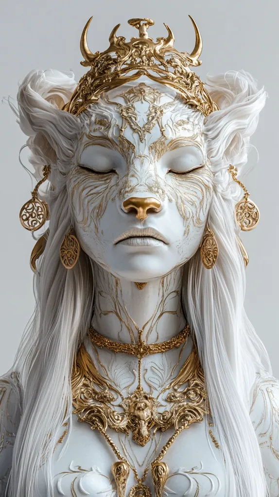 A woman with long, flowing white hair wears a golden crown adorned with intricate details. Her face is painted white, with golden markings, and she has closed eyes, giving an air of tranquility. She wears a large, ornate golden necklace that drapes around her neck, completing the regal and ethereal look.