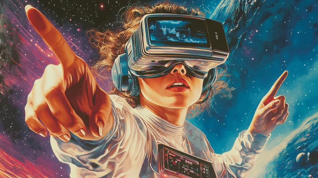 A woman with brown hair is wearing a futuristic-looking VR headset. She has an excited expression on her face, with her mouth slightly open and one hand extended forward, index finger pointing up. The background is a starry sky with a planet visible in the distance. The image is a vibrant illustration, possibly depicting a scene from a science fiction film or video game.