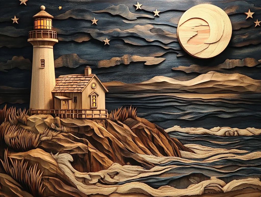 A meticulously crafted wooden sculpture depicts a lighthouse perched on a rocky cliff overlooking a vast, stormy sea. The waves are carved with intricate detail, while a full moon hangs in the night sky, its surface textured with wood grain. The scene is lit by the warm glow of the lighthouse, creating a sense of peace and wonder. The artwork's layers and textures create a realistic, 3-dimensional effect.