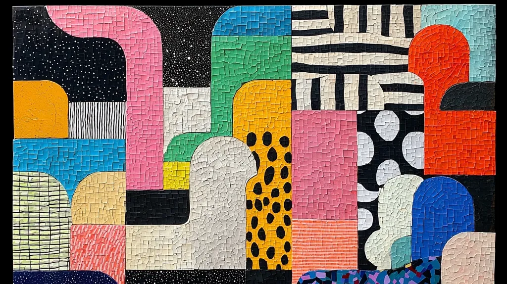 A vibrant abstract mosaic artwork featuring geometric shapes and patterns in a variety of colors, including pink, orange, blue, green, black, and white. The artwork appears to be created with small tiles or tesserae, creating a textured and visually engaging surface. The composition is dynamic and playful, with overlapping shapes and contrasting colors. The artist has used bold and contrasting colors to create a sense of energy and movement. The artwork is likely to be appreciated for its aesthetic appeal and its use of a traditional mosaic technique in a contemporary context.