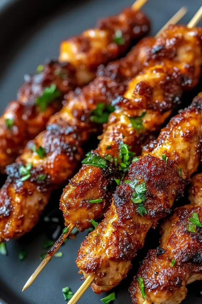 A close-up shot of grilled chicken skewers, showcasing the golden brown crust, juicy meat, and scattered parsley. The skewers are arranged on a black plate, creating a visually appealing composition that highlights the deliciousness of the dish. The image is close-up, focusing on the texture and color of the food.