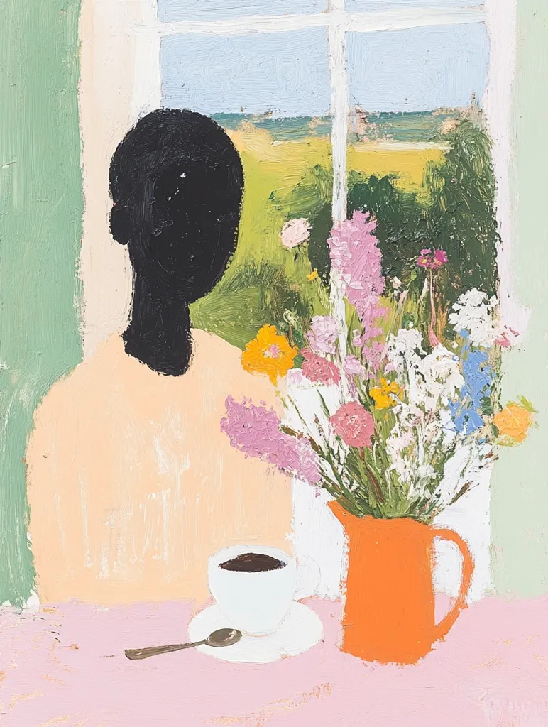 The painting depicts a person sitting by a window, looking out at a landscape. The person is silhouetted, with their back turned to the viewer. A cup of coffee and a spoon are on a pink tablecloth in front of the person. Outside the window, a vase of colorful flowers is on a windowsill. The view beyond the flowers shows a green field and a body of water. The painting is done in a loose, expressive style with bold strokes of paint. The scene evokes a sense of tranquility and peacefulness.