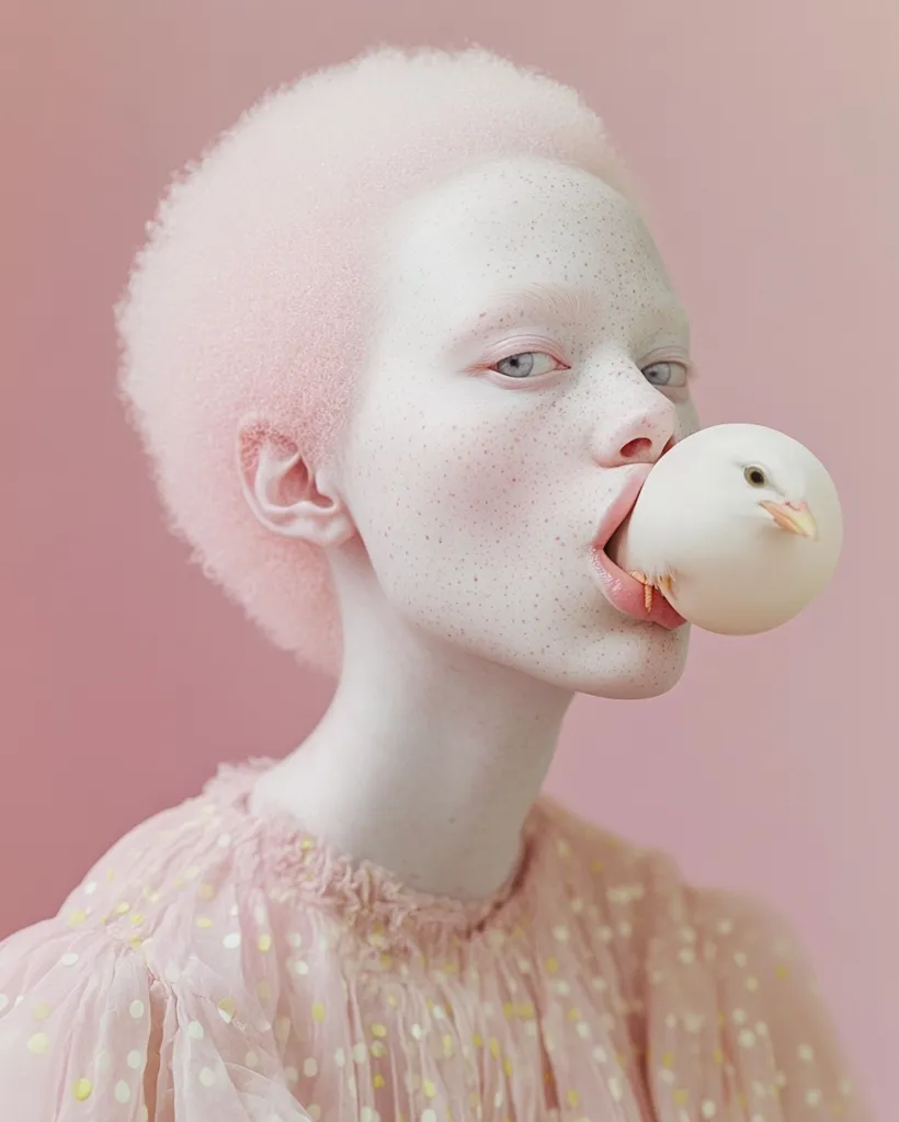 A young woman with pale skin and pink hair is wearing a pink polka dot dress. She is biting into a white dove. Her skin is covered in freckles, and she has bright blue eyes. The background is a pale pink. The image is surreal and suggestive of innocence and vulnerability.