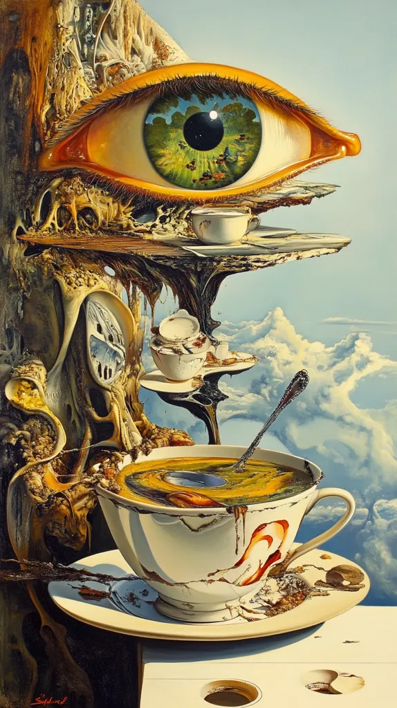 A large, surreal eye dominates the top of the painting, peering out from a rocky, organic structure. It reflects a green, pastoral scene with a distant town. Below, a cracked, white teacup overflowing with dark liquid rests precariously on a saucer, with a spoon resting in the liquid. More teacups and saucers rest on a platform, while a background of clouds completes the scene. The painting is a blend of fantasy and realism, evoking a sense of the uncanny and the surreal.