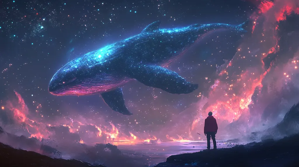 A giant, celestial whale, composed of stars and nebulae, swims through a dark, starry sky.  The whale's body is a brilliant blue, with hints of pink and white.  Below, a lone figure stands on a rocky shore, gazing up at the magnificent creature.  The sky is filled with a myriad of stars and swirling clouds.  A sense of wonder and awe fills the image.