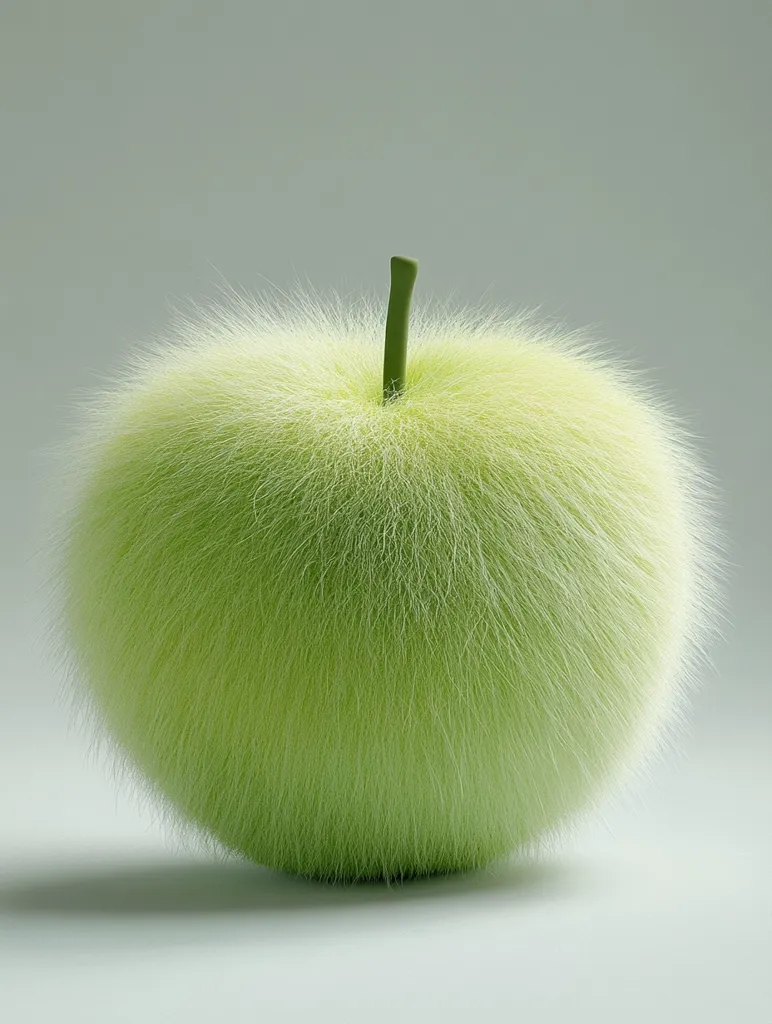 The image shows a green apple with a fuzzy texture. The apple has a small green stem on top and appears to be made of fur. It's sitting on a plain light gray background, creating a striking contrast. The image has a simple, yet interesting, composition, focusing on the unusual texture of the apple.
