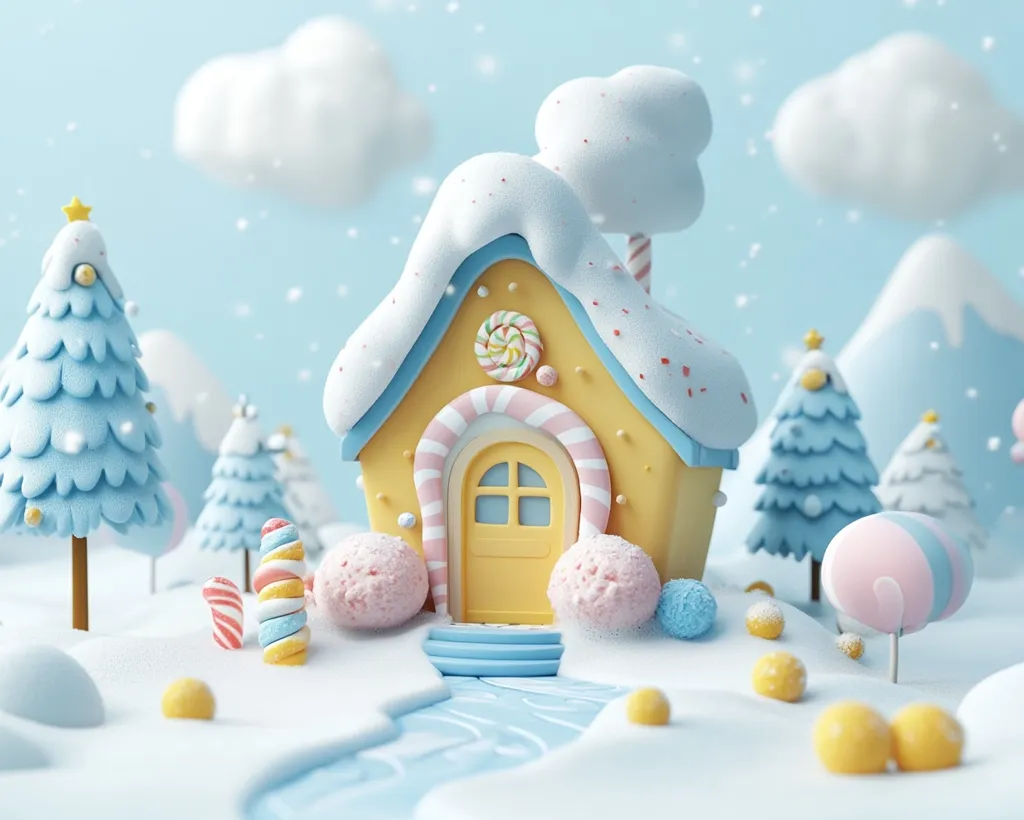 A whimsical winter wonderland scene features a yellow gingerbread house with a candy cane trim. The house sits on a snowy landscape with candy cane trees, cotton candy clouds, and a stream of frosting.  A sugary-sweet atmosphere is enhanced by scattered candy spheres and soft snowfall.