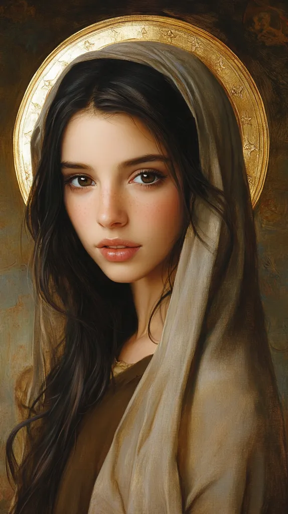 The painting depicts a young woman with long dark hair, wearing a flowing beige robe and a gold halo above her head. Her features are delicate, with large, expressive eyes and a soft smile. The painting's warm tones and soft lighting create a sense of tranquility and beauty. The woman's pose suggests grace and innocence. The image evokes a feeling of holiness and divine presence.