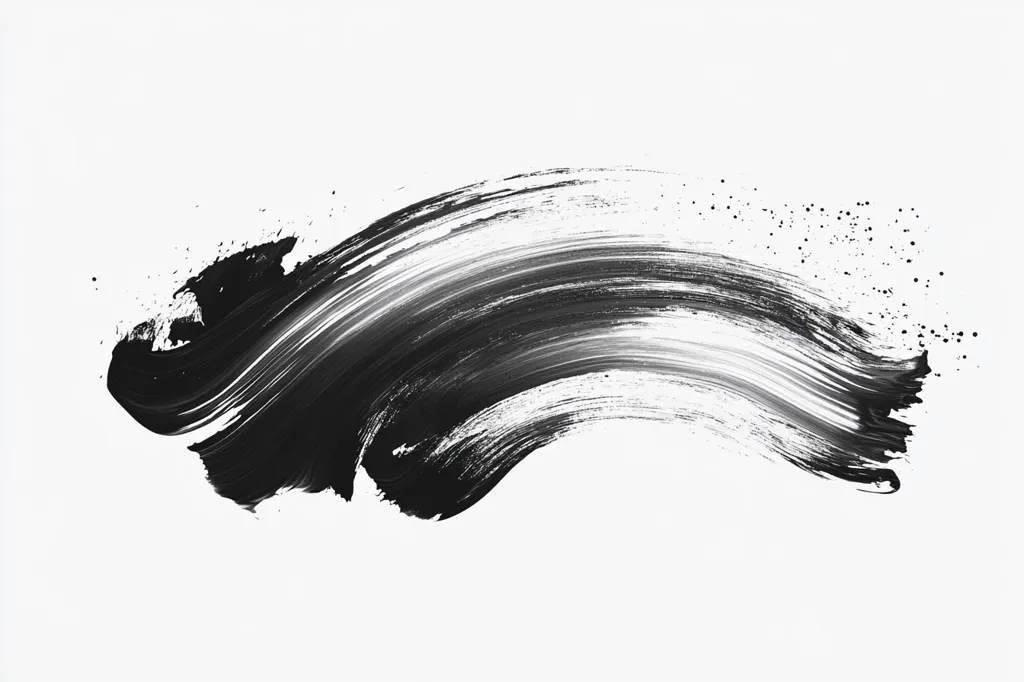 A large black brush stroke, like a wave, is painted across a white background. The brushstrokes are thick and expressive, creating a sense of movement and energy. The black ink is slightly textured and slightly fades at the edges, creating a soft, organic feel.  Tiny black dots are scattered around the stroke.  The image is minimalist and abstract, emphasizing the beauty of the brushstroke itself.