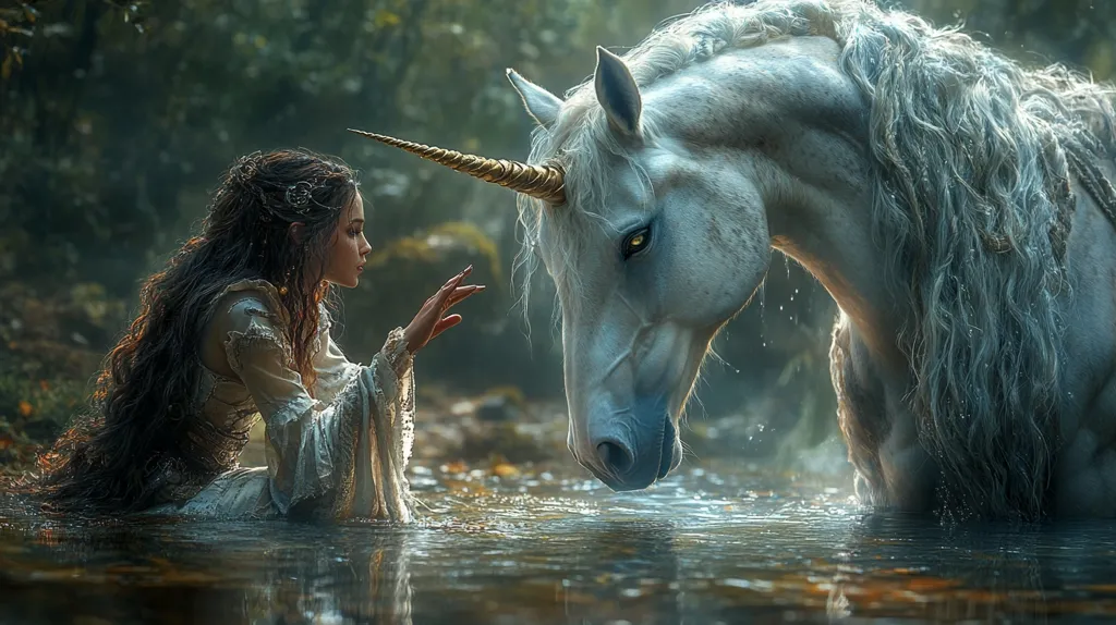 A woman in a white dress and long flowing hair is standing in a shallow river, looking at a white unicorn. The unicorn is drinking from the river, its long mane and tail flowing in the water. The scene is magical and enchanting, with a lush green background and the sun shining through the trees. The woman and unicorn seem to share a special bond, as if they are connected by an unseen force.  The image conveys a sense of peace, wonder, and the beauty of nature.